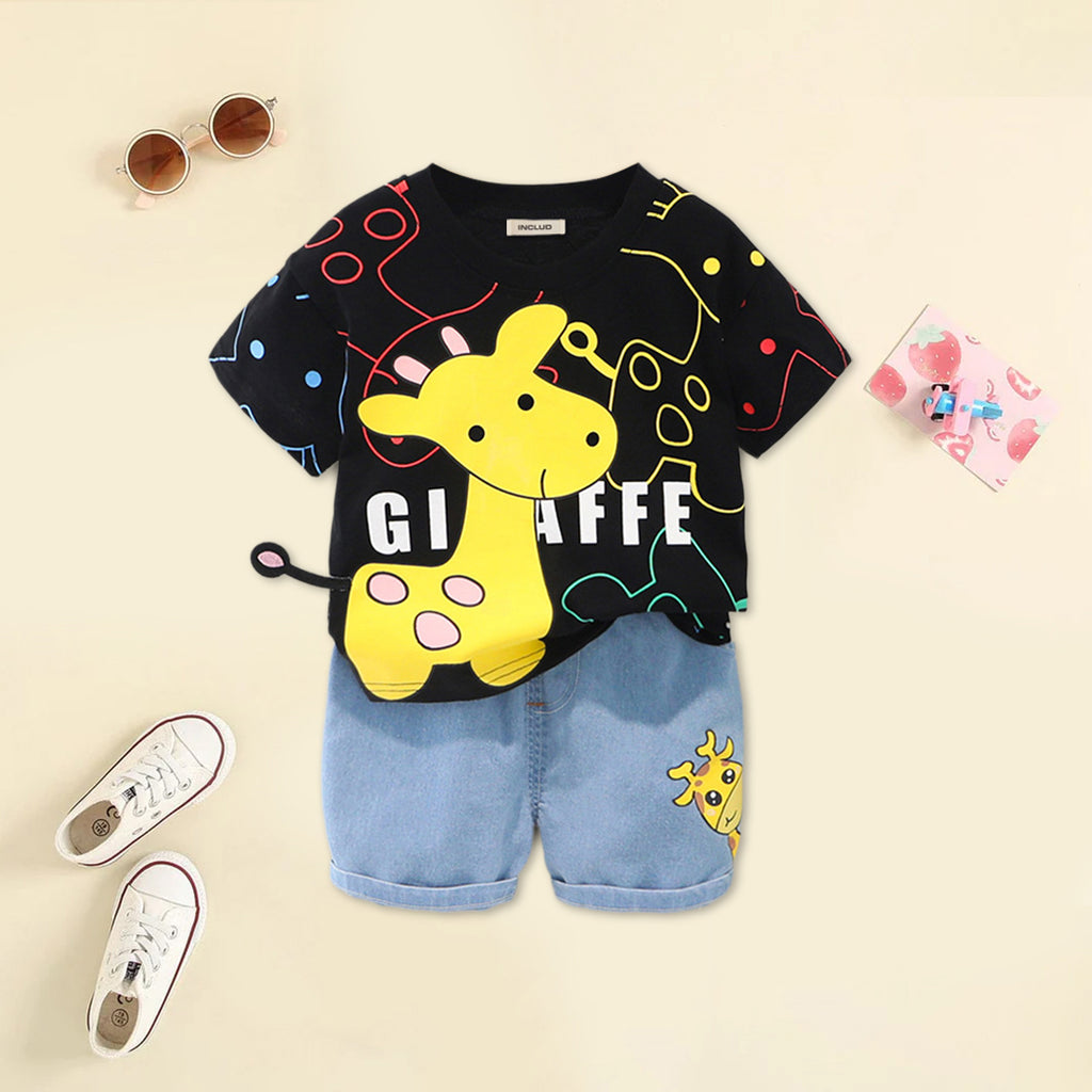 Boys Giraffe Graphic T-Shirt With Denim Shorts