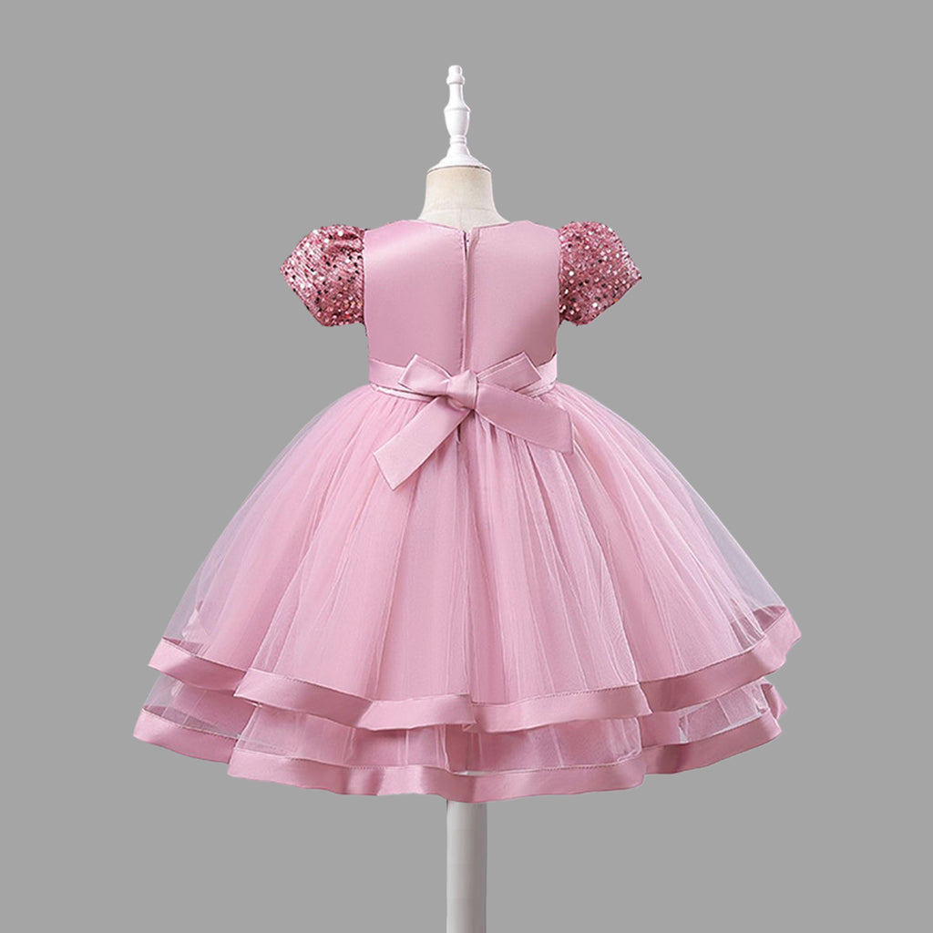 Girls Short Sleeve Sequin Bow Party Dress Party Dresses   