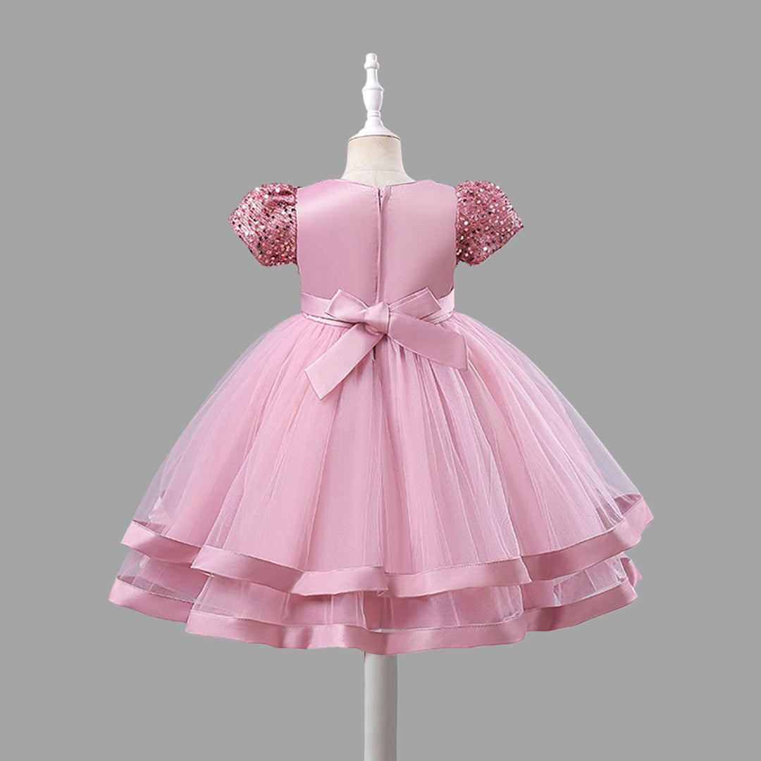 Girls Short Sleeve Sequin Bow Party Dress Party Dresses   
