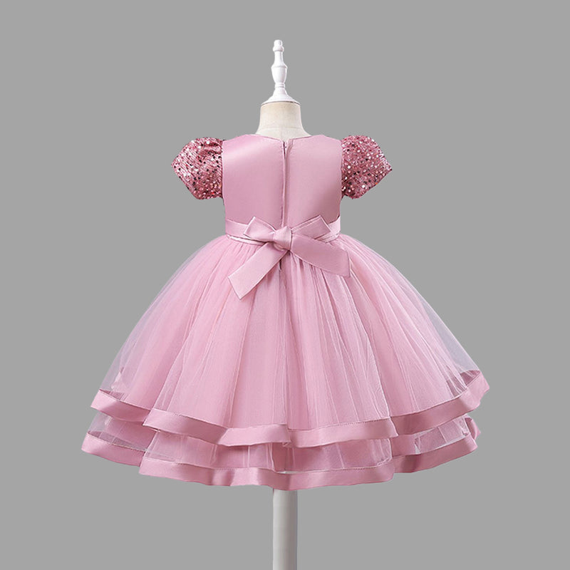 Girls Short Sleeve Sequin Bow Party Dress Party Dresses   