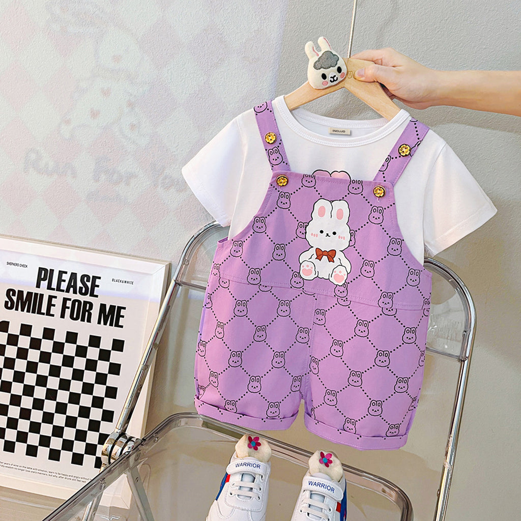 Girls Short Sleeve Graphic T-Shirt With Printed Dungaree
