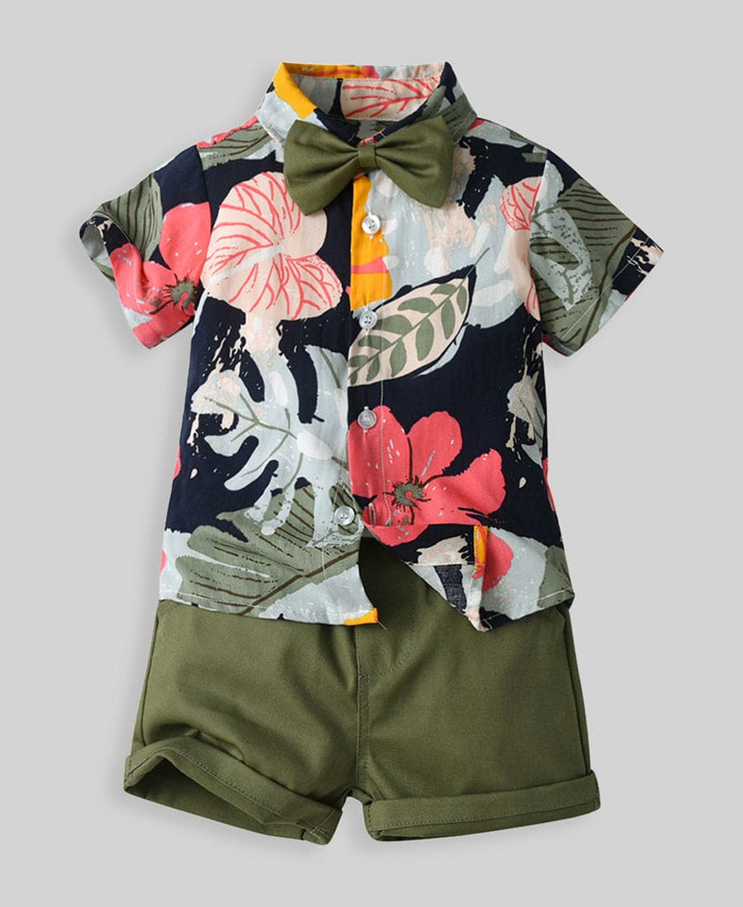 Boys Leaf Print Shirt With Solid Shorts Casual Clothing Sets