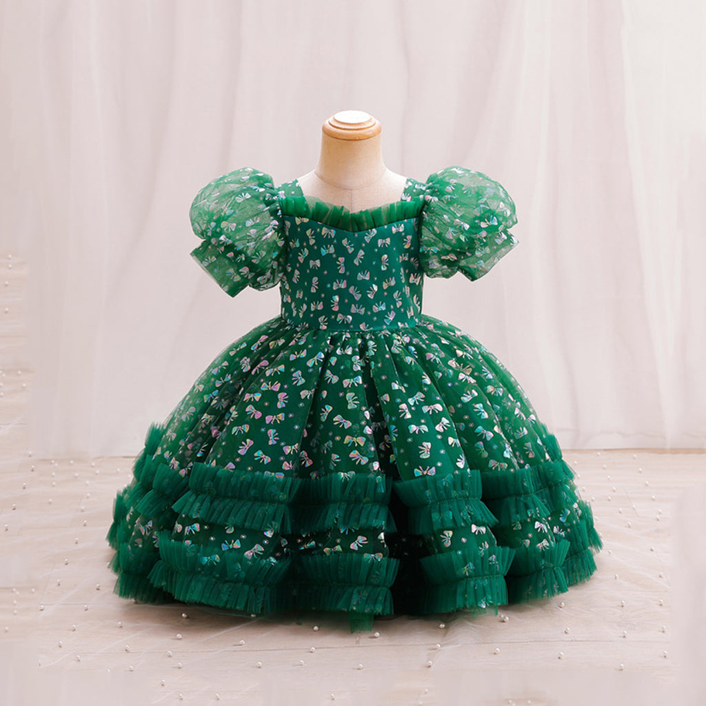 Girls Puff Sleeve Balloon Shape Printed Dress Party Dresses