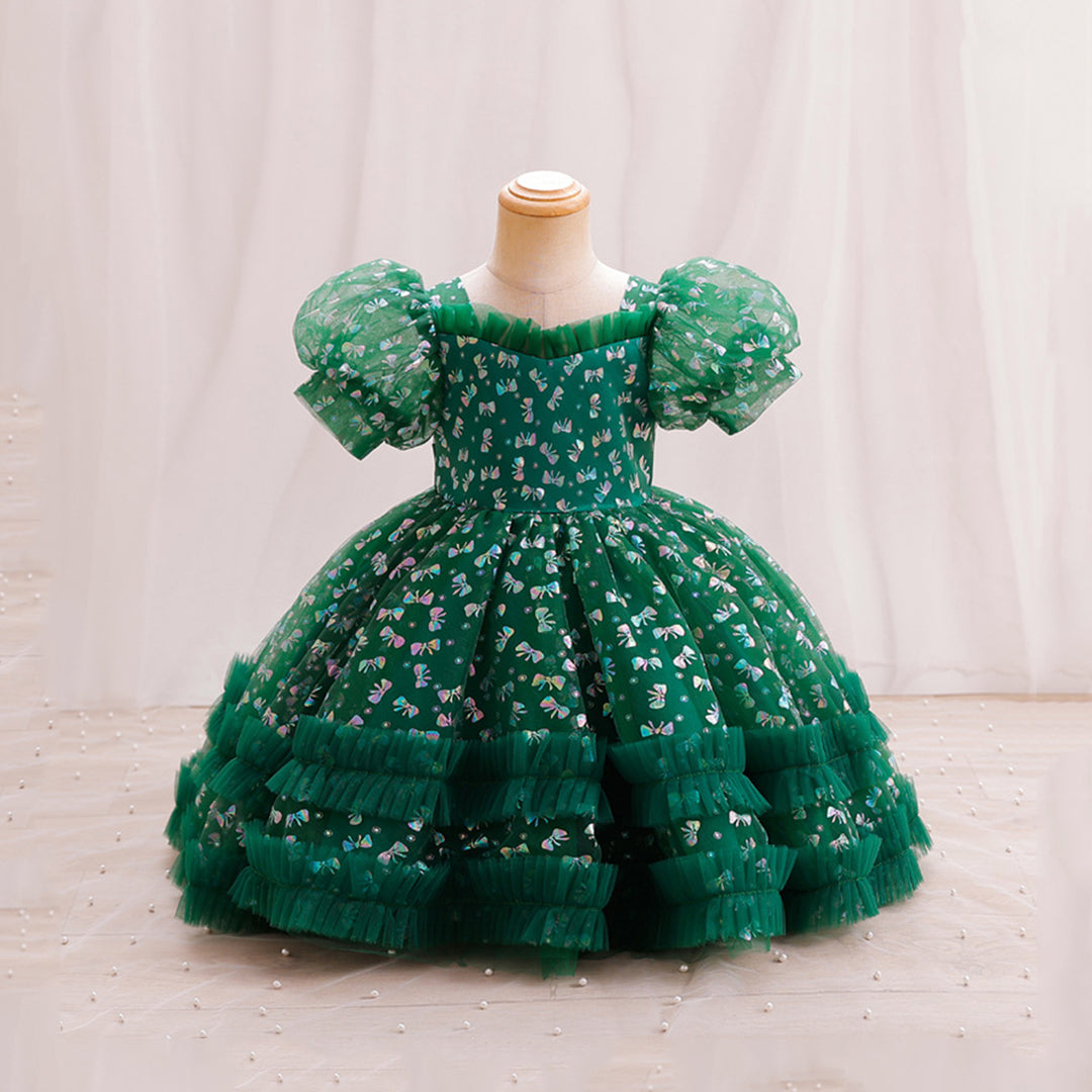 Girls Puff Sleeve Balloon Shape Printed Dress Party Dresses