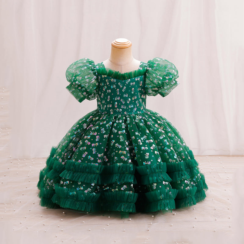 Girls Puff Sleeve Balloon Shape Printed Dress Party Dresses