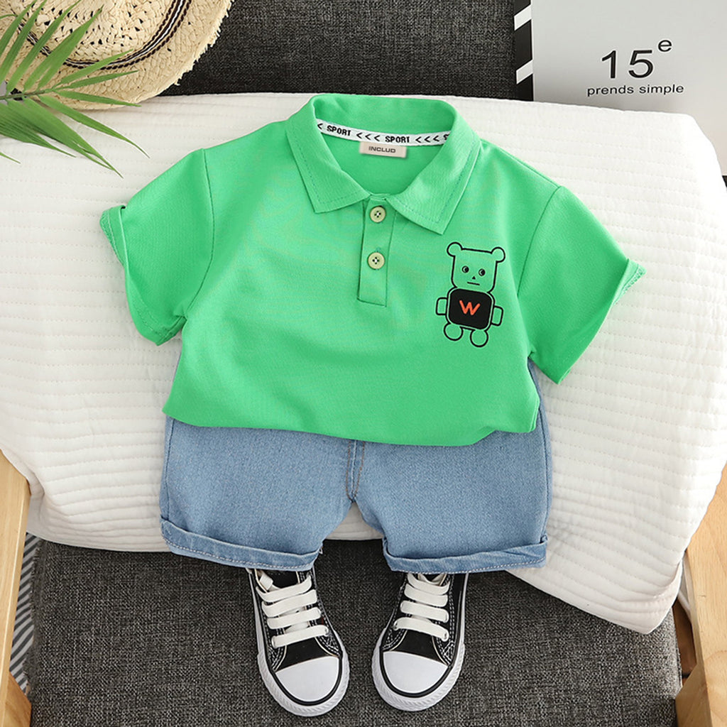 Boys Graphic Polo T-Shirt With Denim Shorts Sets Green 1-2 Y 