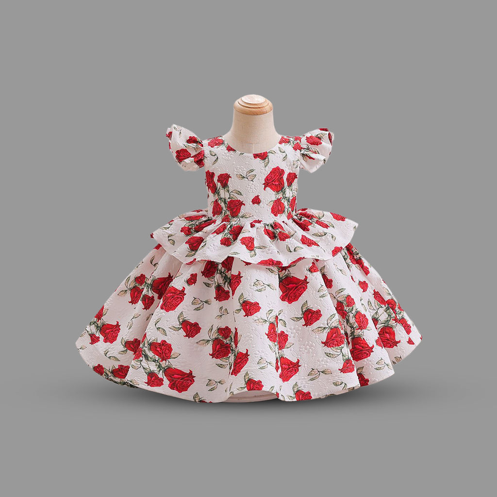 Girls Cape Sleeve Rose Print Fit & Flare Party Wear Dress