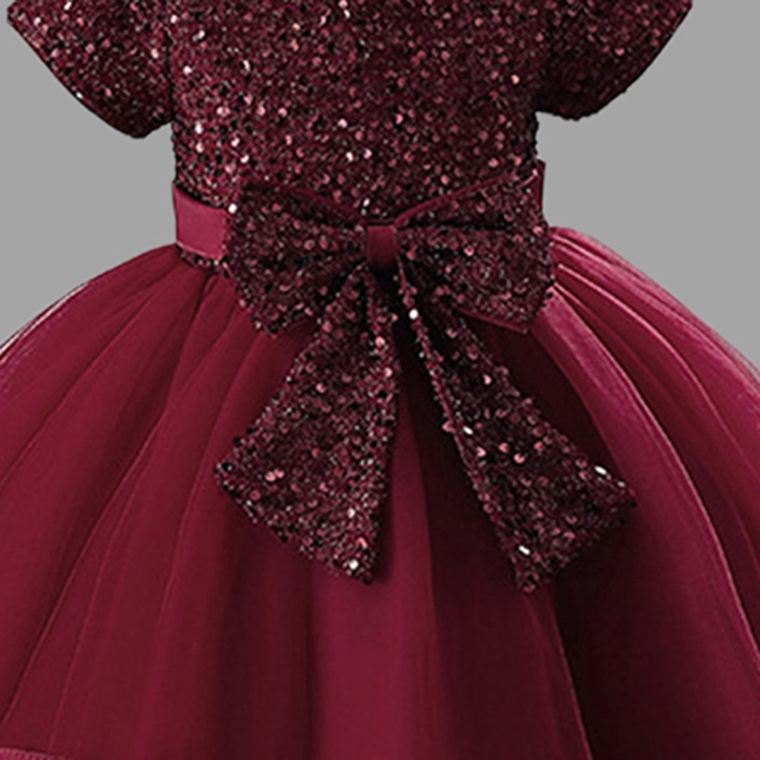 Girls Short Sleeve Sequin Bow Party Dress Party Dresses   