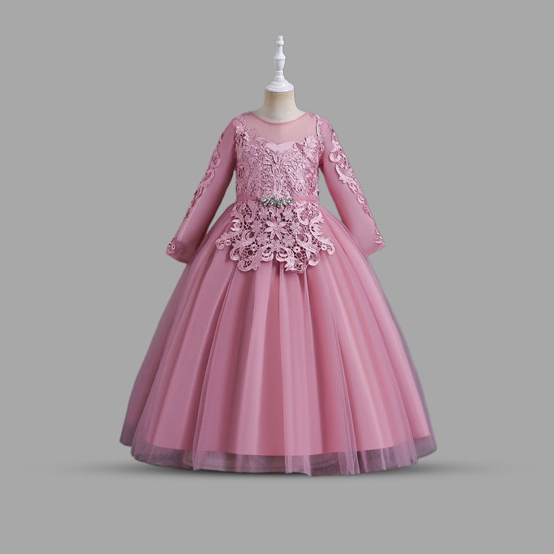 Girls Lacework Full Sleeves Tulle Party Gown Party Dresses Light Pink 6-7 Y 