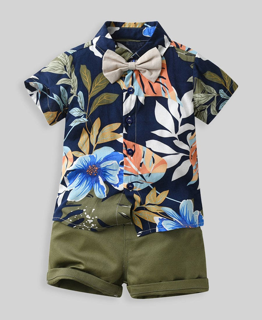 Boys Leaf Print Shirt With Solid Shorts Casual Clothing Sets