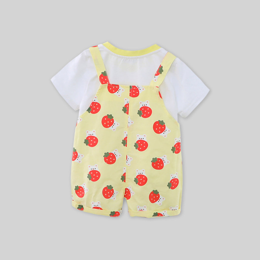 Girls Short Sleeve T-Shirt With Strawberry Printed Dungaree Sets   