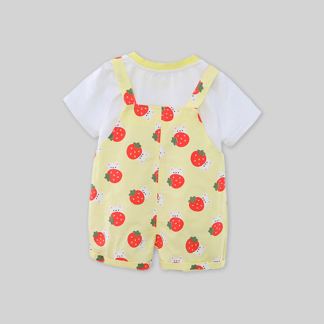 Girls Short Sleeve T-Shirt With Strawberry Printed Dungaree Sets   