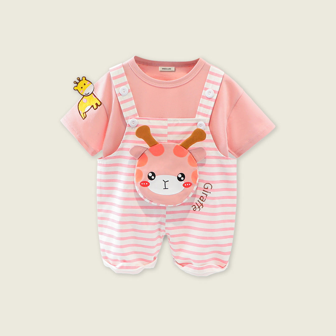 Boys Short Sleeve T-Shirts With Giraffe Applique Dungaree Sets Pink 1-2 Y 