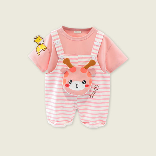 Boys Short Sleeve T-Shirts With Giraffe Applique Dungaree Sets Pink 1-2 Y 
