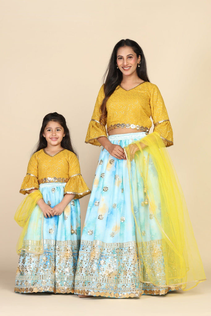 Blue-Mustard Embroidered Organza Lehenga-Choli Mom & Daughter Set Mom & Daughter Blue S 1-2 Y