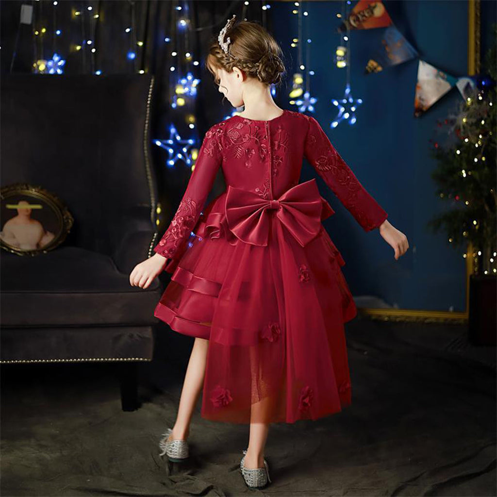 Girls Embroidered Full Sleeves Tiered Dress Casual Dresses   