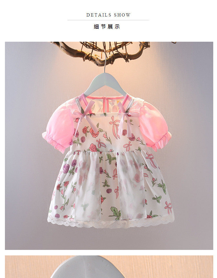 Girls Puff Sleeve Floral Printed Dress Casual Dresses Pink 1-2 Y 