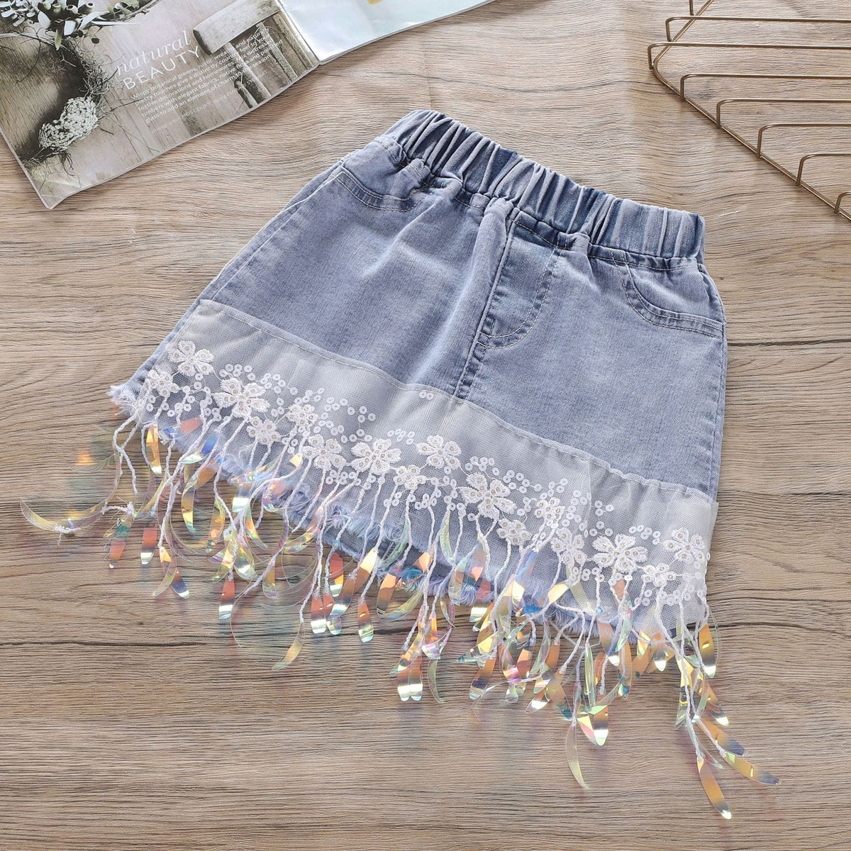 Girls Sequin Applique Top With Denim Skirt Sets   