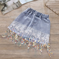 Girls Sequin Applique Top With Denim Skirt Sets   