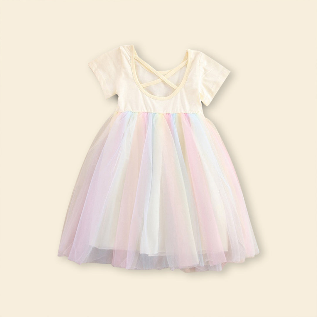 Girls Short Sleeve Rainbow Mesh Dress Casual Dresses   