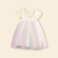 Girls Short Sleeve Rainbow Mesh Dress Casual Dresses   