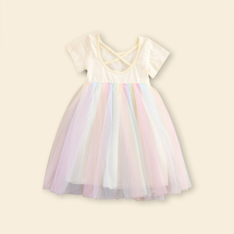 Girls Short Sleeve Rainbow Mesh Dress Casual Dresses   