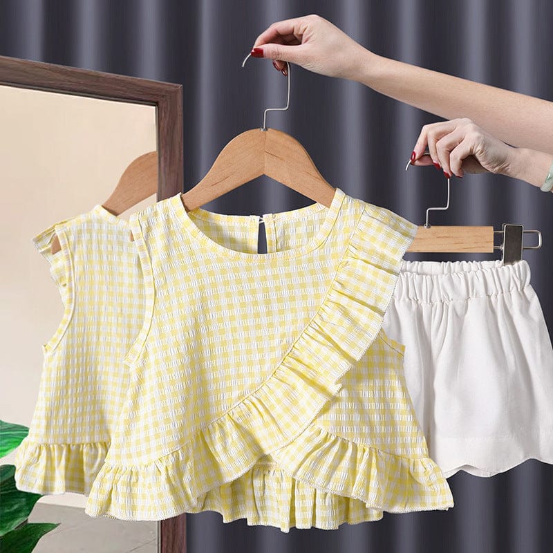 Girls Checkered Ruffle Top with Shorts Set Sets Yellow 1-2 Y 