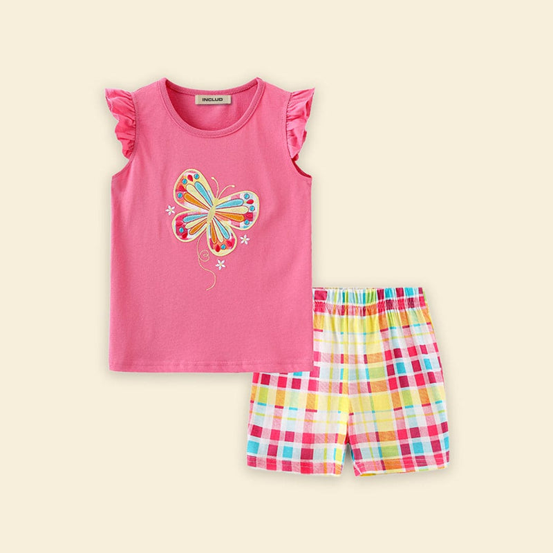 Girls Butterfly Applique T-shirt & Checkered Shorts Set Sets   