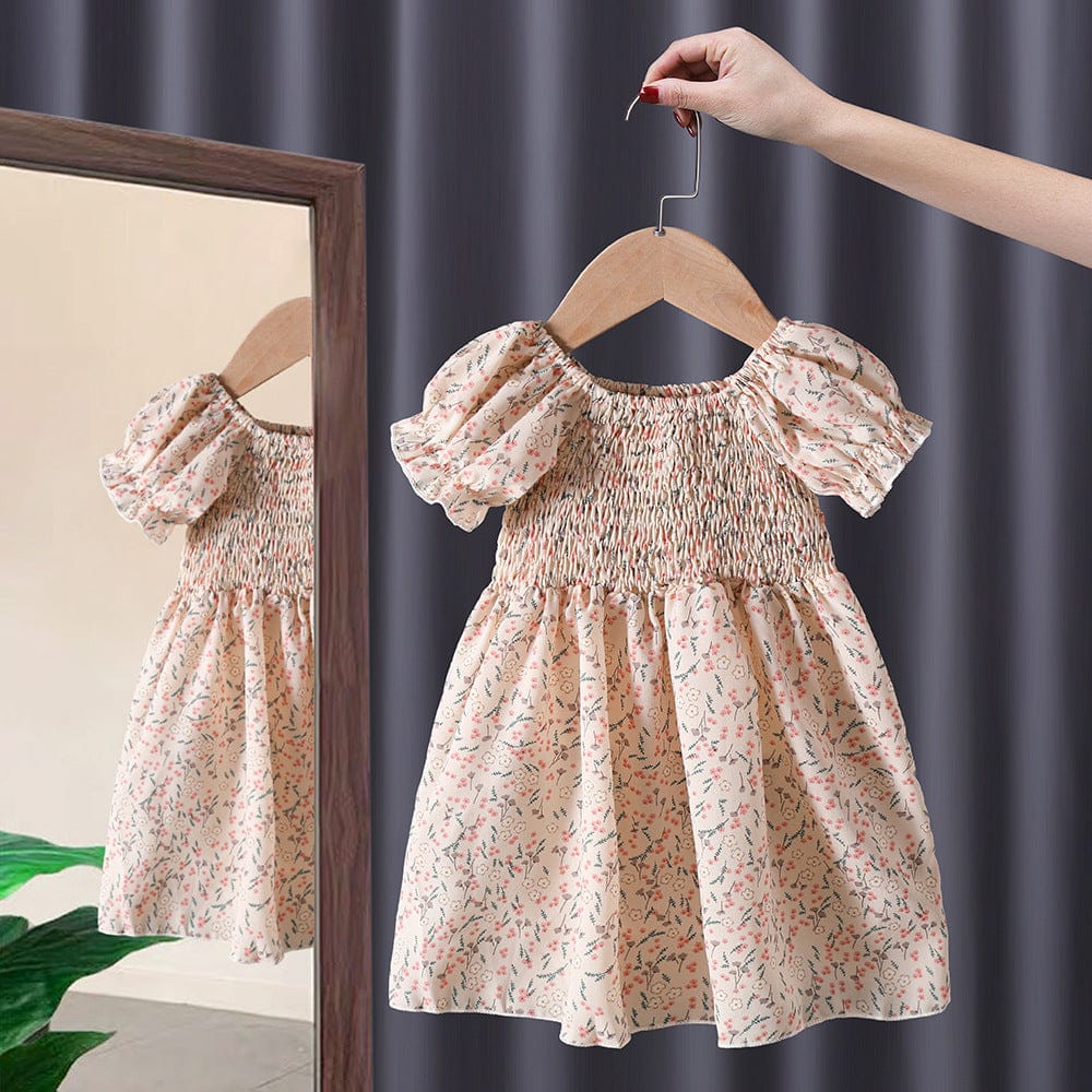 Girls Floral Printed Casual Dress with Smocking Casual Dresses Beige 1-2 Y 