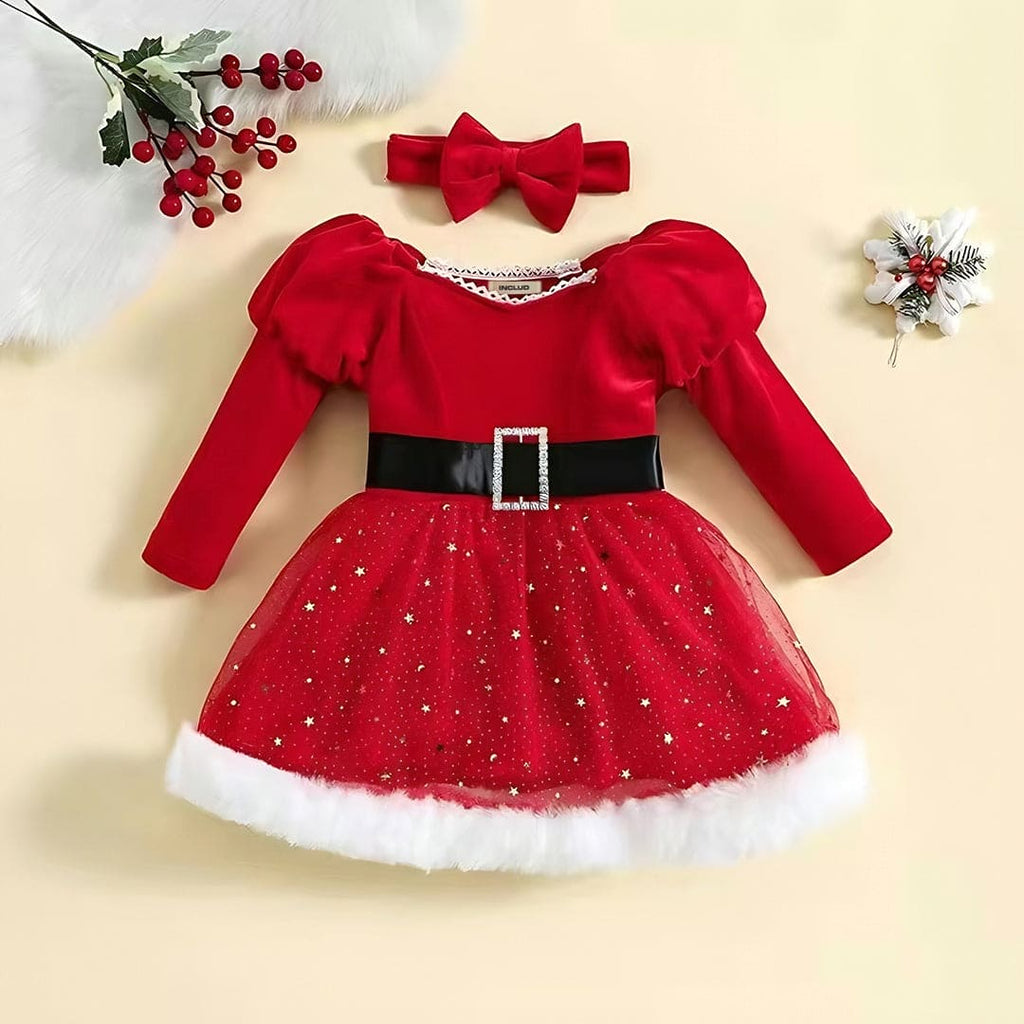 Girls Santa Inspired Fit & Flare Embellished Dress