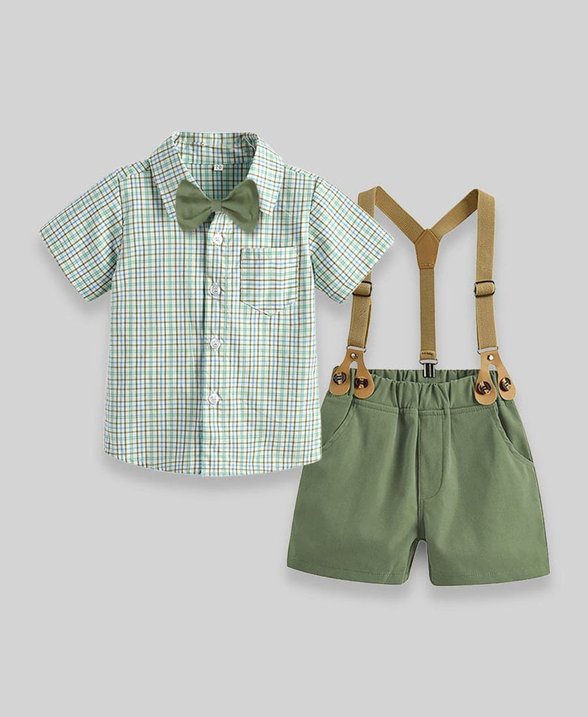 Boys Party Wear Checked Shirt & Solid Suspender With Bow Clothing Sets