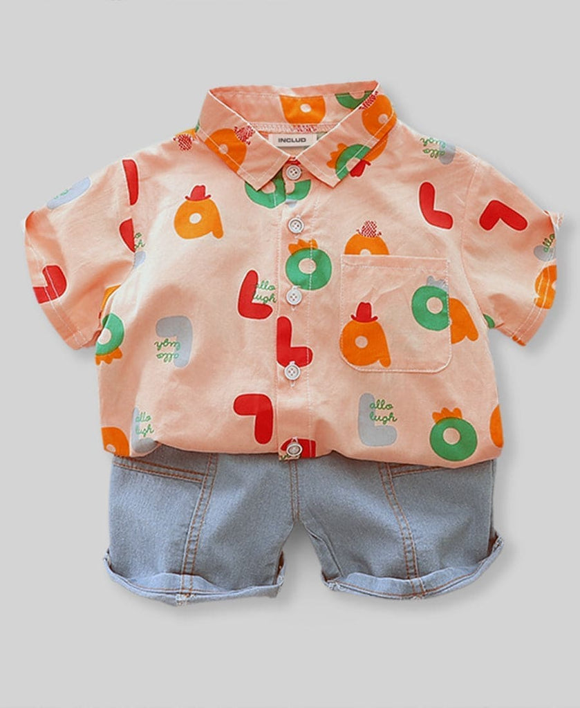 Boys Printed Shirt with Denim Bermuda Set Sets Peach 1-2 Y 