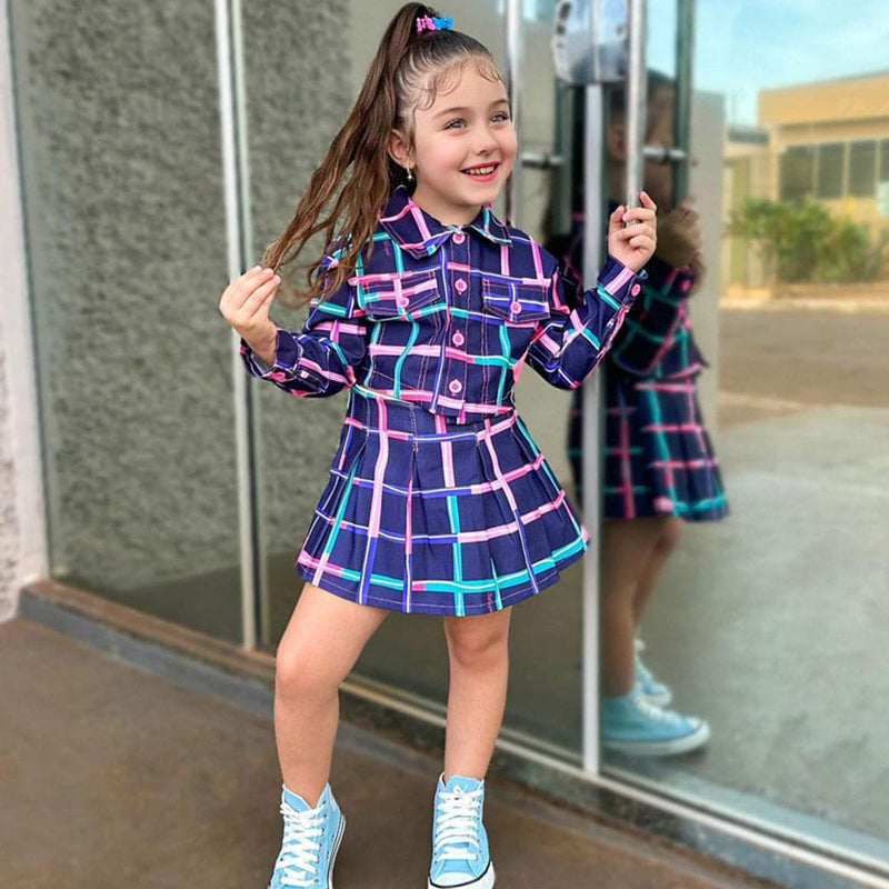 Girls Long Sleeve Short Length Plaid Shirt With Skirt Sets Blue 1-2 Y 