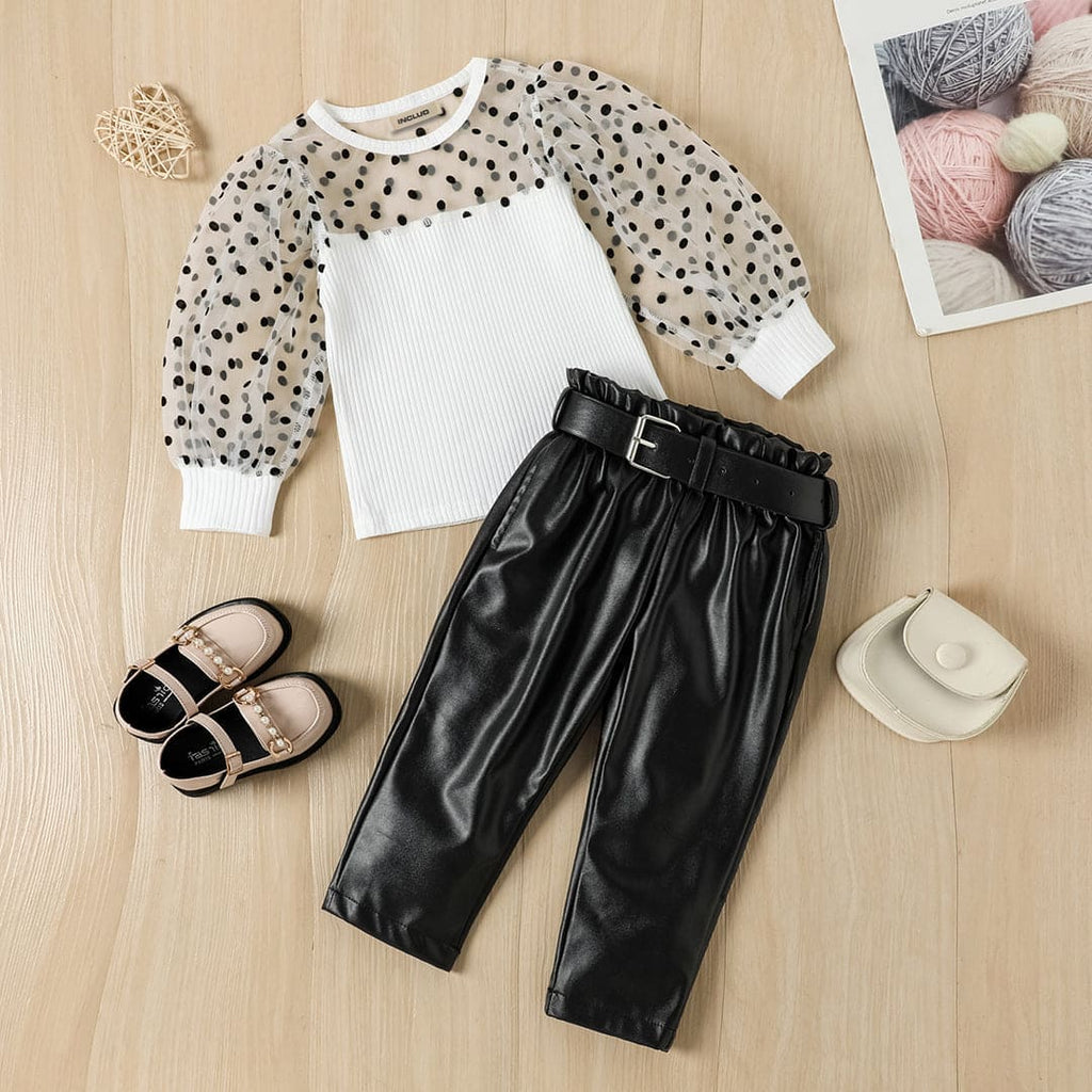Girls Textured Top with Faux Leather Pants Set