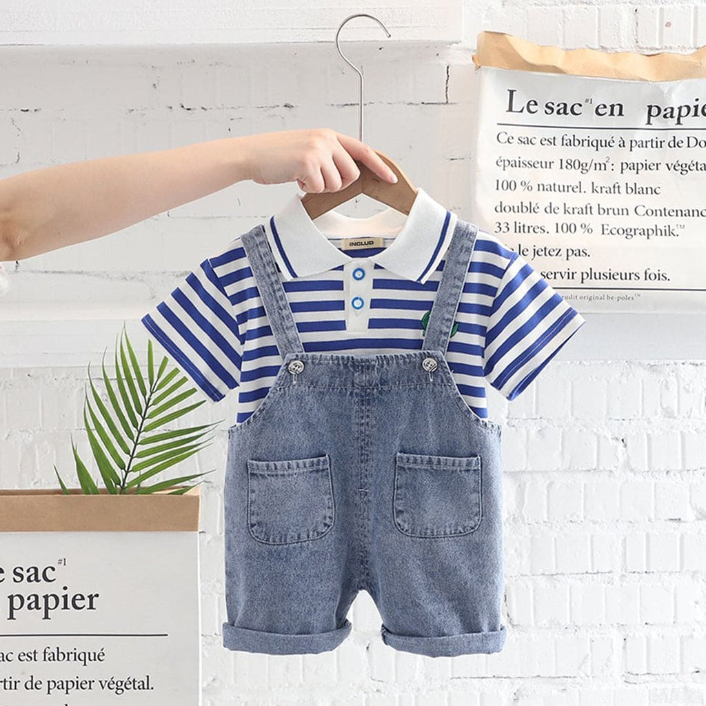 Boys Striped Polo T-shirt with Denim Dungaree Set