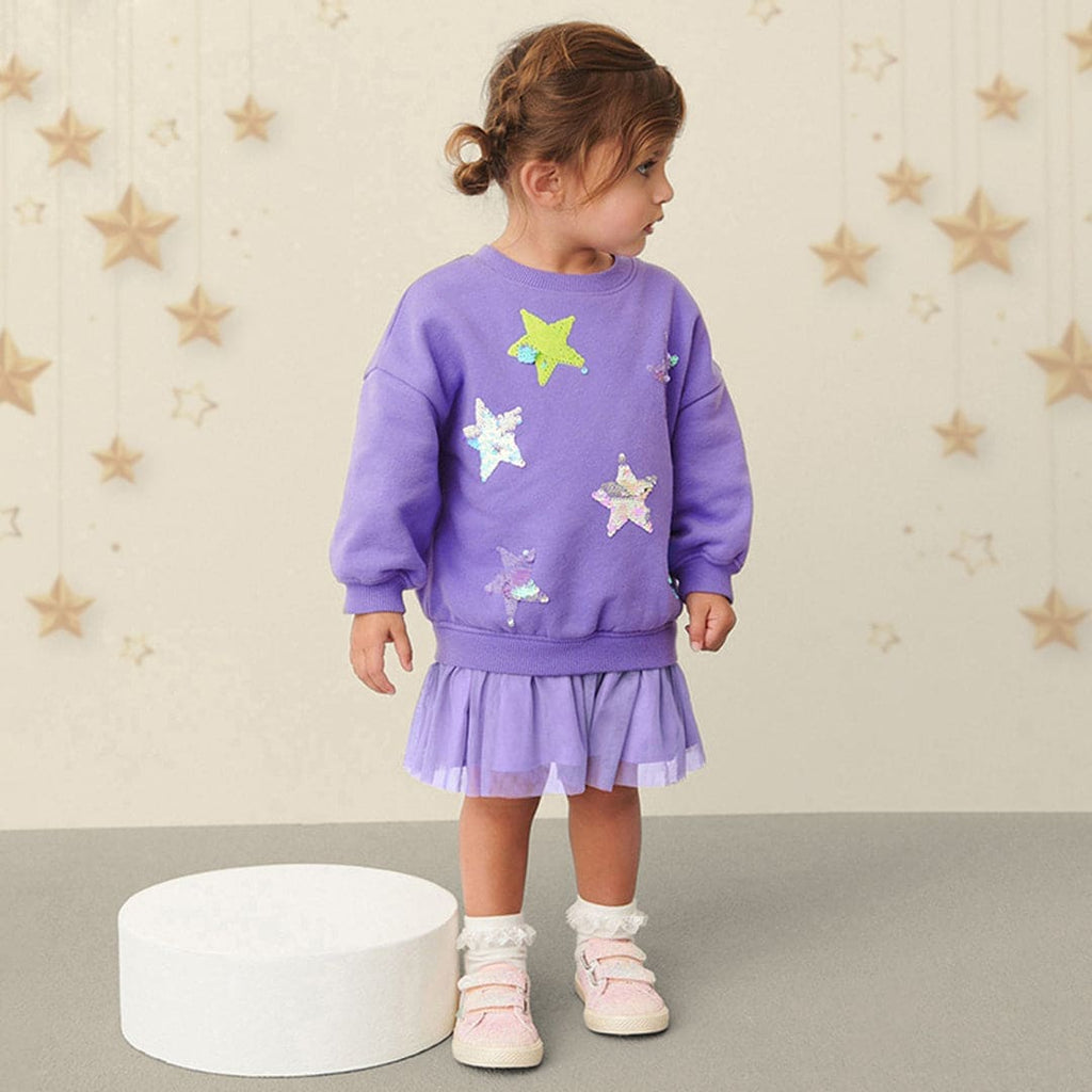 Girls Sequins Sweatshirt Drop Waist Dress Casual Dresses Purple 1-2 Y 