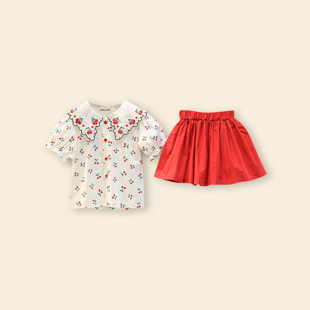 Girls Short Sleeve Cherry Embroidery Top With Skirt Sets   