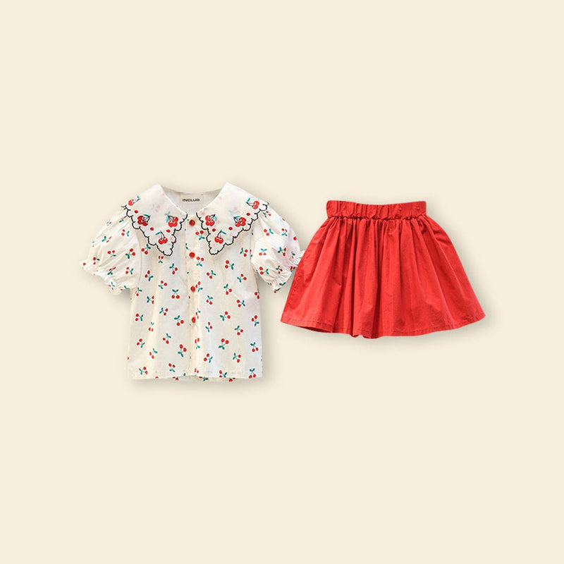 Girls Short Sleeve Cherry Embroidery Top With Skirt Sets   