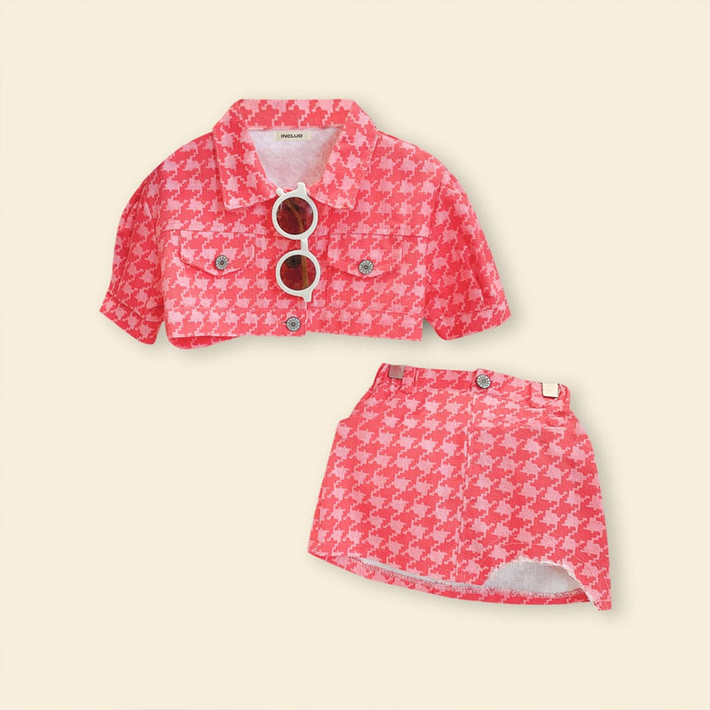 Girls Short Sleeve Printed Jacket With Skirt Sets   