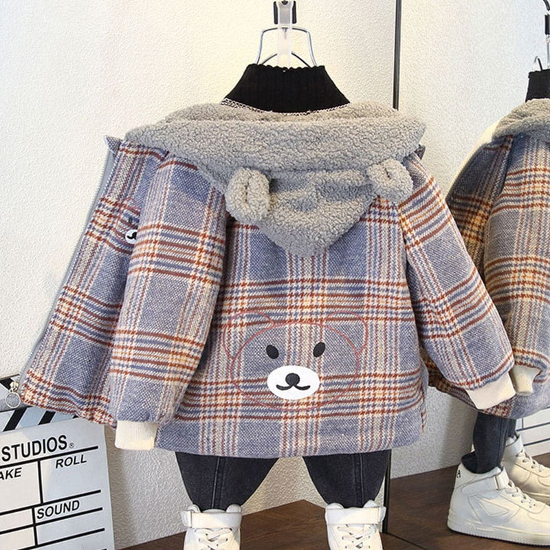 Girls Checkered Fleece Hooded Jacket Coats & Jackets   