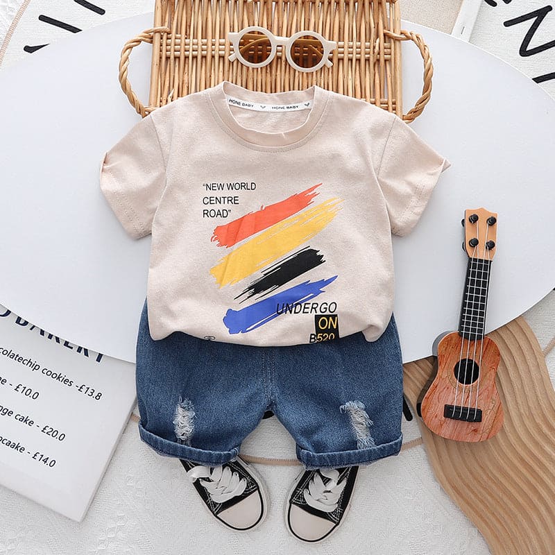 Boys Printed T-shirt with Denim Shorts Set Sets Beige 1-2 Y 