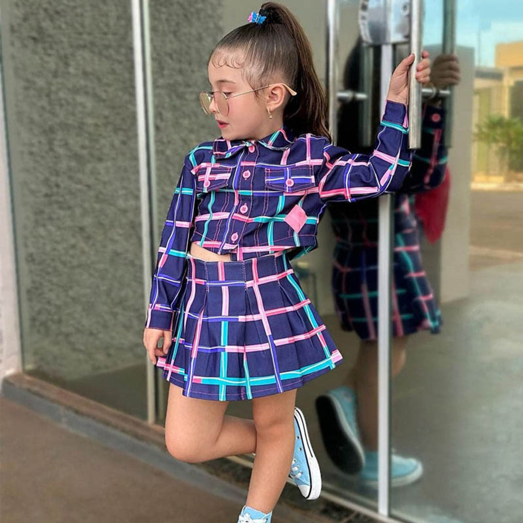 Girls Long Sleeve Short Length Plaid Shirt With Skirt Sets   