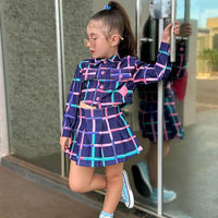 Girls Long Sleeve Short Length Plaid Shirt With Skirt Sets   