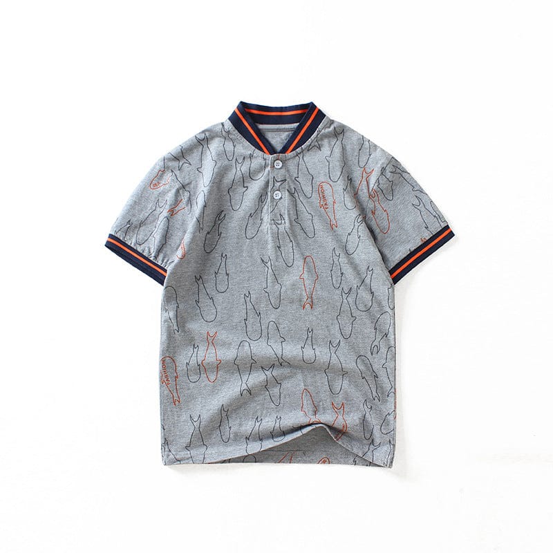 Boys Mandarin Collar Polo Neck Tshirt with Fish Print Tshirts   