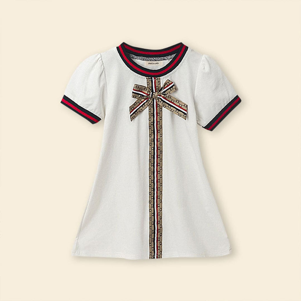 Girls Short Sleeve Rib Neck Dress With Bow Applique