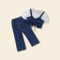 Girls Short Sleeve Top With Denim Top & Denim Trousers Sets   