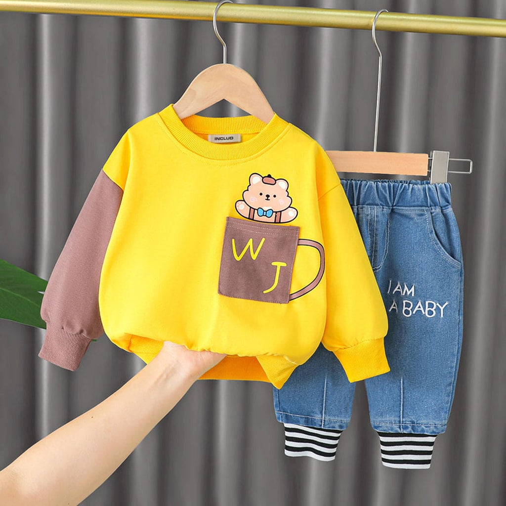 Boys Printed Sweatshirt with Denim Joggers Set Winterwear Sets   
