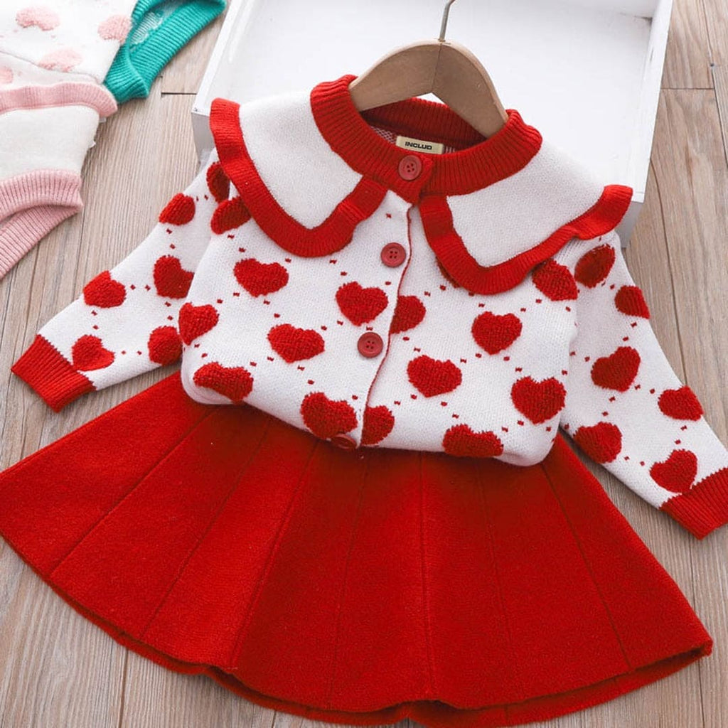 Girls Heart Embroidered Cardigan with Skirt Set