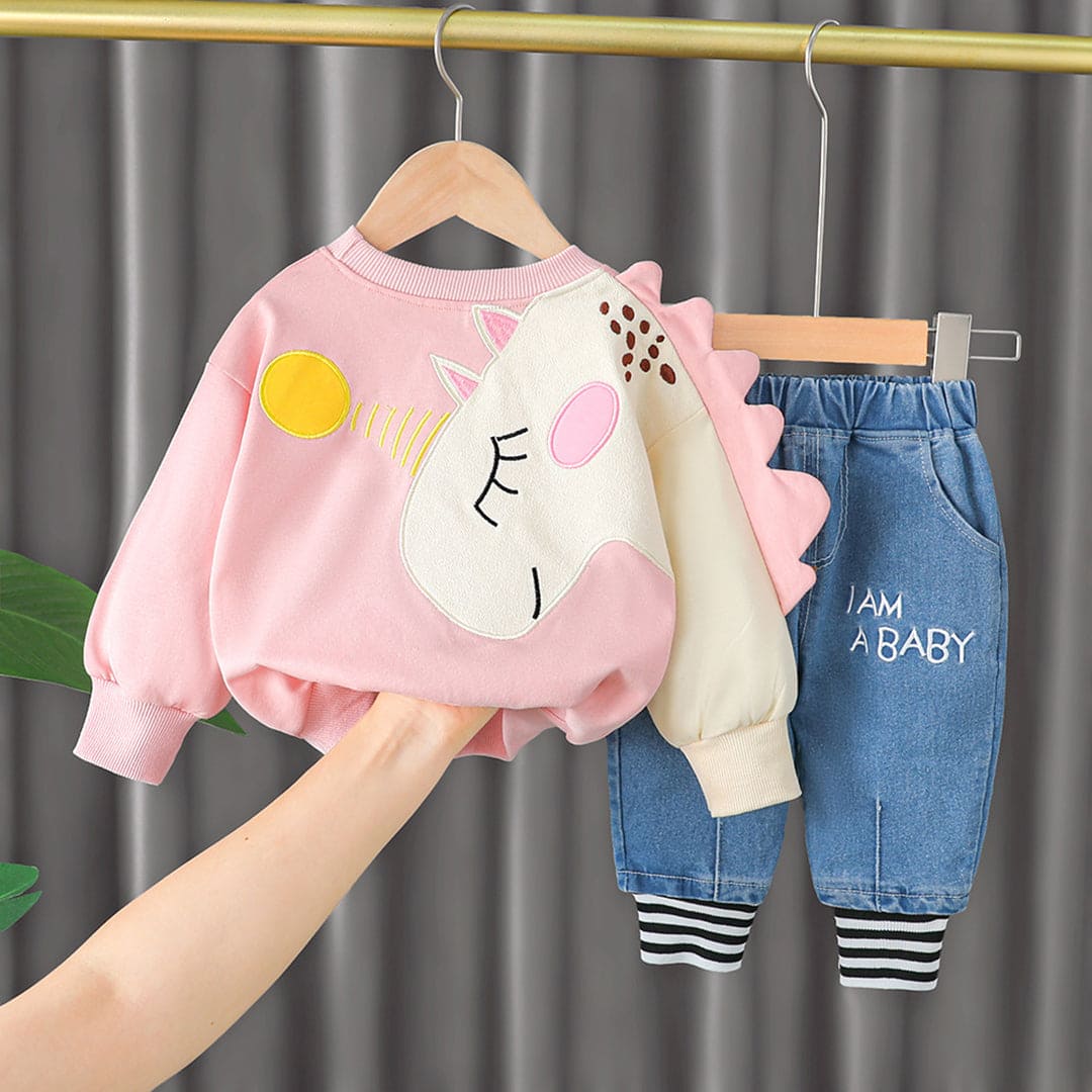 Boys Printed Sweatshirt with Denim Joggers Set Winterwear Sets Pink 2-3 Y 