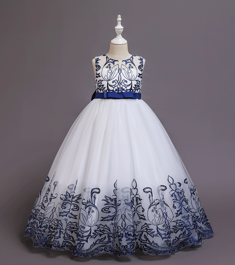 Girls Embroidered Tulle Gown Casual Dresses Navy 5-6 Y 